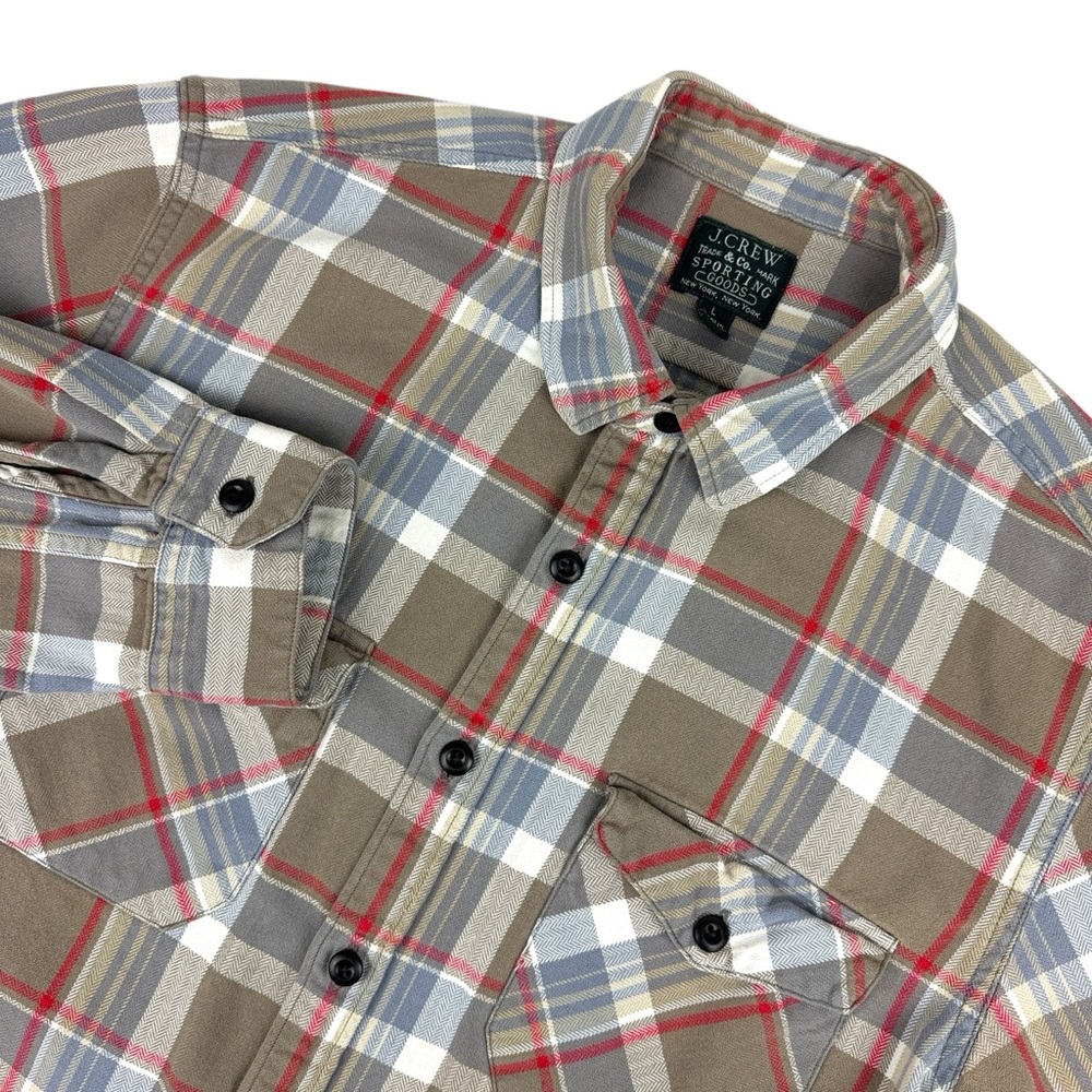 J. Crew‎ Plaid Shirt Men's Large Tan Gray Red Flannel Button-up 100% Cotton Soft
